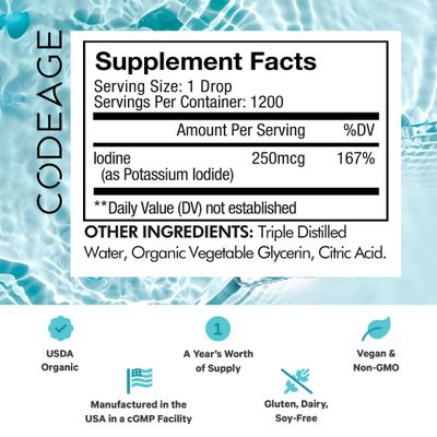 Codeage USDA Organic Iodine Drops - USDA Certified Organic - 250 Mcg Per Serving - 1+ Year Supply - Liquid Iodine Supplement - Pure, Clear Iodine - Vegan Iodine Liquid Drop - 2 fl oz