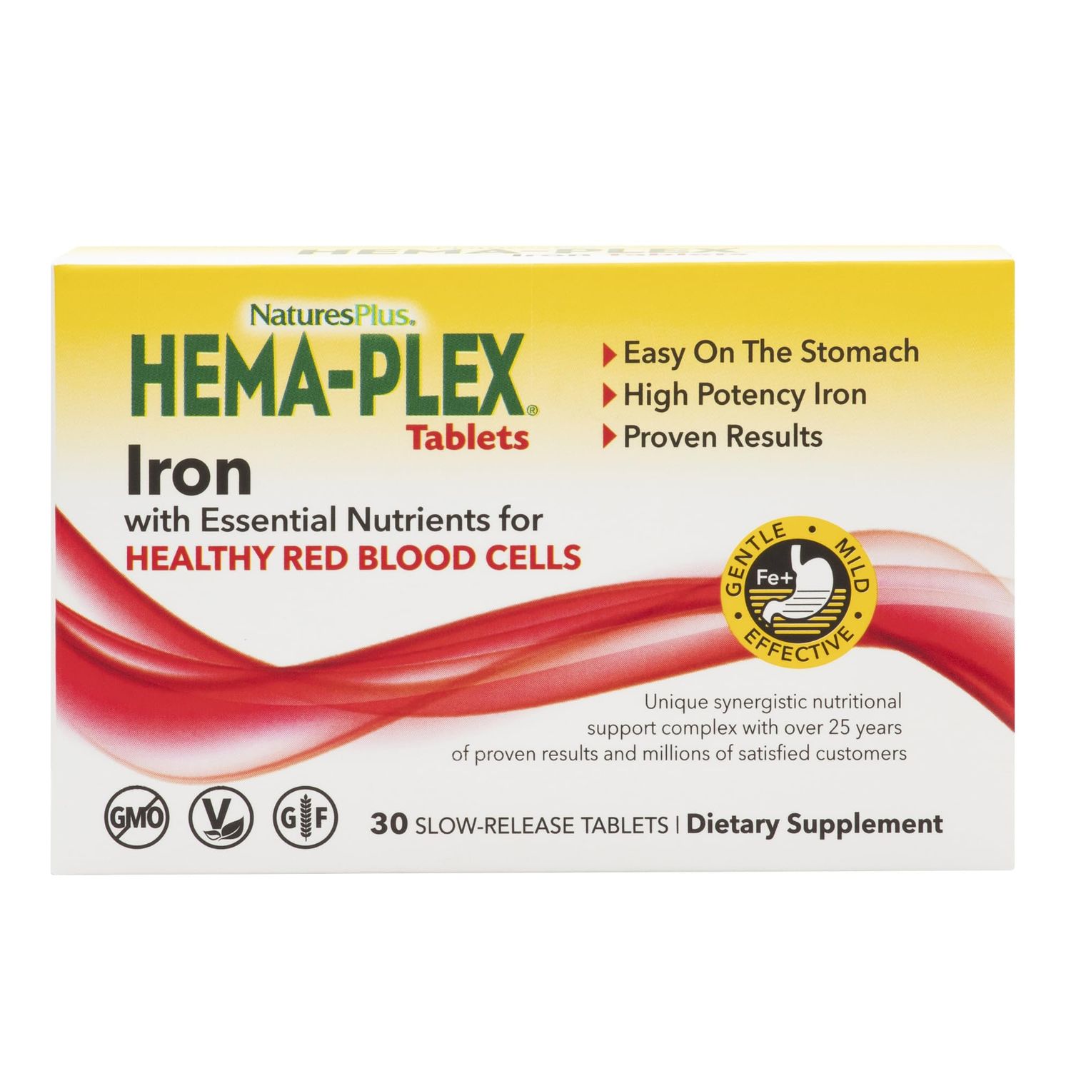 NaturesPlus Hema-Plex Iron - 30 Slow-Release Tablets - 85 mg Chelated Iron - Total Blood Health - with Vitamin C &amp; Bioflavonoids - Non GMO, Vegetarian &amp; Gluten Free - 30 Servings