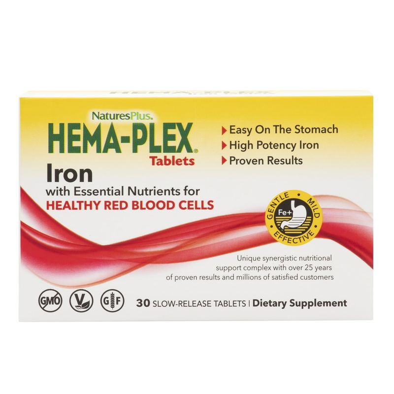 NaturesPlus Hema-Plex Iron - 30 Slow-Release Tablets - 85 mg Chelated Iron - Total Blood Health - with Vitamin C &amp; Bioflavonoids - Non GMO, Vegetarian &amp; Gluten Free - 30 Servings