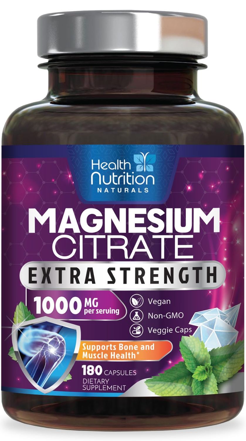 Magnesium Citrate Capsules 1000mg - Max Absorption Magnesium Powder Capsules for Muscle, Nerve, Bone and Heart Health Support, High Absorption Citrate Complex, Gluten Free, Non-GMO - 180 Capsules