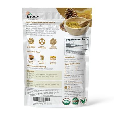 INCAS 100% USDA Organic Pine Pollen Powder (6 Ounces) Non GMO Verified 99% Cracked Cell Wall, Wild HARVESTED, Non-Irradiated, Boosts Energy &amp; Immune Support, No Fillers or Additives