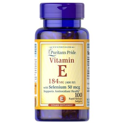 Puritan&#39;s Pride Vitamin E 184mg (400 IU) with Selenium 50mcg, Vitamin Supplement For Immune System and Antioxidant Health Support, 3 Month Supply, 100 Rapid Release Softgels