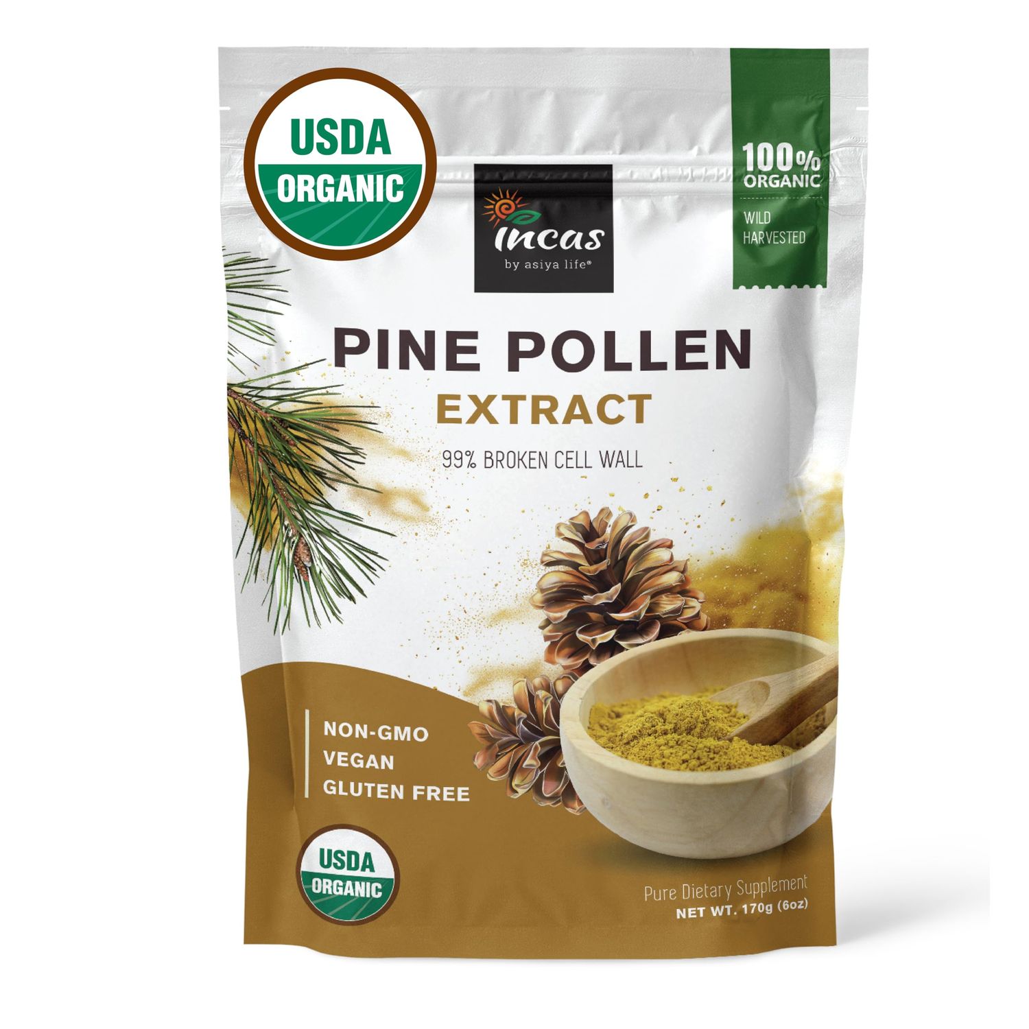 INCAS 100% USDA Organic Pine Pollen Powder (6 Ounces) Non GMO Verified 99% Cracked Cell Wall, Wild HARVESTED, Non-Irradiated, Boosts Energy &amp; Immune Support, No Fillers or Additives