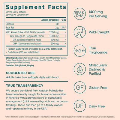 True Grace Omega-3 Fish Oil - 120 Softgels - 1400 mg EPA + DHA - Brain, Heart, Joint &amp; Immune Health - Organic, Gluten Free, Soy Free