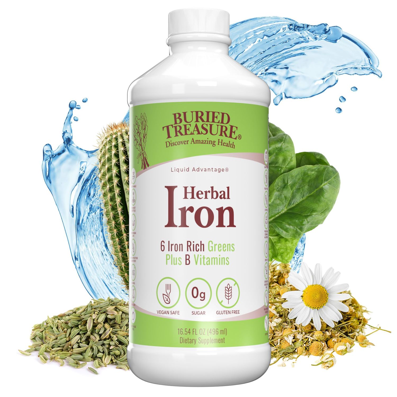 Buried Treasure Herbal Iron - 48 Servings, Liquid Iron and Herbal Supplement, Vitamin C &amp; B Complex Vitamins, Iron-rich Greens, Vegan Iron for Men and Women