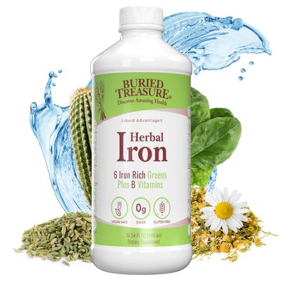 Buried Treasure Herbal Iron - 48 Servings, Liquid Iron and Herbal Supplement, Vitamin C &amp; B Complex Vitamins, Iron-rich Greens, Vegan Iron for Men and Women