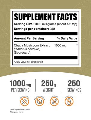 BulkSupplements.com Chaga Mushroom Extract Powder - Chaga Extract, Chaga Mushrooms Powder - for Immune Support, Gluten Free - 1000mg per Serving, 250g (8.8 oz) (Pack of 1)