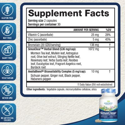 RidgeCrest Herbals SinusClear, Complete Formula for Sinus and Nasal Health with Mullein Leaf, Bromelain, Vitamin C, and Zinc, for Healthy Mucus, Immune & Respiratory Support, (60 Veg Caps, 30 Serv)