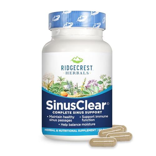 RidgeCrest Herbals SinusClear, Complete Formula for Sinus and Nasal Health with Mullein Leaf, Bromelain, Vitamin C, and Zinc, for Healthy Mucus, Immune &amp; Respiratory Support, (60 Veg Caps, 30 Serv)