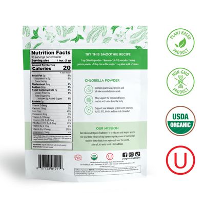 Organic Traditions Organic Chlorella Powder, Vegan Non-GMO Organic Superfood, 5.3oz (150g) Bag, 30 Servings per Bag