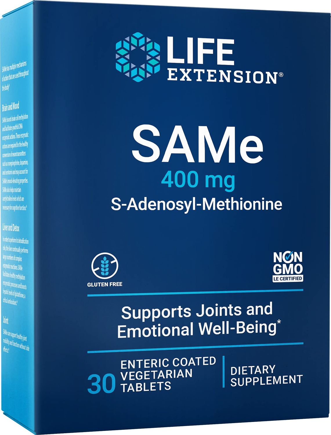 Life Extension Same 400 mg Enteric-Coated S-Adenosyl-Methionine Mood Support, Liver Health &amp; Healthy Joint Function Support Supplement - Non-GMO, Gluten Free - 30 Enteric-Coated Vegetarian Tablets