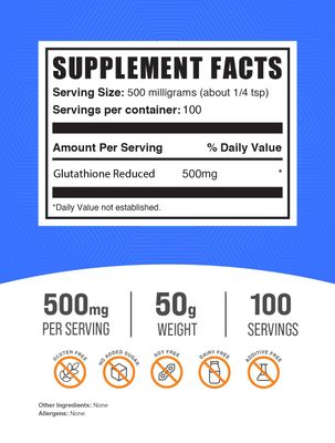 BulkSupplements.com Glutathione Reduced Powder - Glutathione Supplement, Reduced Glutathione Powder - Glutathione 500mg, Gluten Free, 500mg per Serving, 50g (1.8 oz) (Pack of 1)