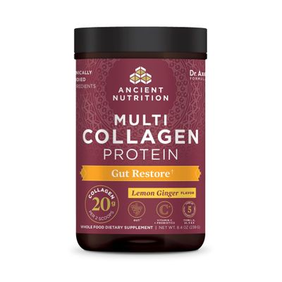 Collagen Powder Protein by Ancient Nutrition, Multi Collagen Protein Gut Restore, Lemon Ginger, Apple Cider Vinegar, Vitamin C, Hydrolyzed Collagen Peptides for Healthy Hair and Nails,8.4 oz.