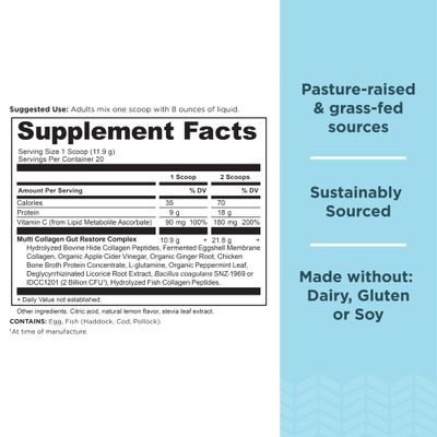Collagen Powder Protein by Ancient Nutrition, Multi Collagen Protein Gut Restore, Lemon Ginger, Apple Cider Vinegar, Vitamin C, Hydrolyzed Collagen Peptides for Healthy Hair and Nails,8.4 oz.