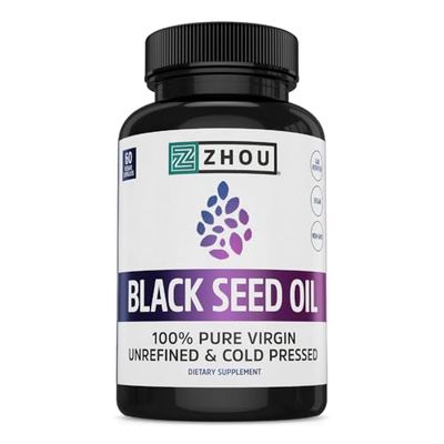 Zhou Nutrition Black Seed Oil Capsules, 100% Virgin, Cold Pressed Source of Omega 3 6 9, Super Antioxidant for Immune Support, Joints, Digestion, Hair &amp; Skin, 60 Caps