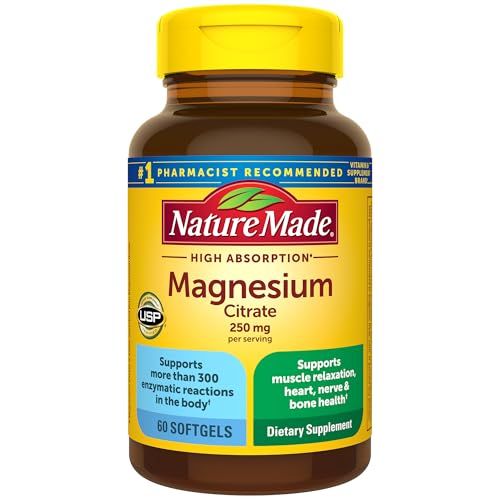 Nature Made Magnesium Citrate 250 mg per serving, Magnesium Supplement for Muscle, Nerve, Bone and Heart Support, 60 Softgels, 30 Day Supply