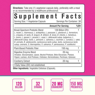 Nordvida Women's Probiotic, 120 Billion &amp; 32 Strains with Cranberry, Prebiotics &amp; Digestive Enzymes, Gut, Vaginal &amp; Urinary Tract Support, 30 Delayed Release Capsules