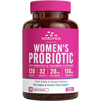 Nordvida Women&#39;s Probiotic, 120 Billion &amp; 32 Strains with Cranberry, Prebiotics &amp; Digestive Enzymes, Gut, Vaginal &amp; Urinary Tract Support, 30 Delayed Release Capsules