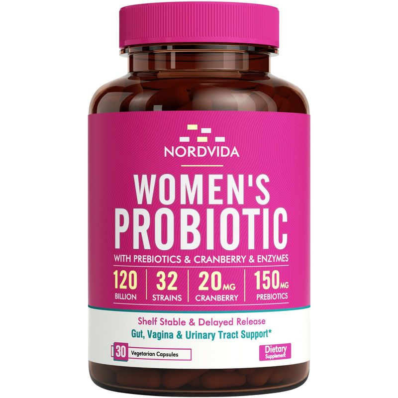 Nordvida Women&#39;s Probiotic, 120 Billion &amp; 32 Strains with Cranberry, Prebiotics &amp; Digestive Enzymes, Gut, Vaginal &amp; Urinary Tract Support, 30 Delayed Release Capsules