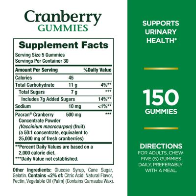 Nature's Bounty Cranberry Gummies, Urinary Tract Support, 500 mg, Cran-Raspberry Flavor, 150 Ct