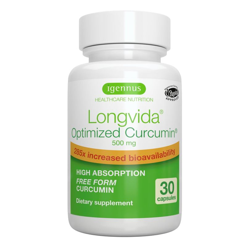 Longvida Lipidated Curcumin 500mg, Ultra Bioavailable &amp; Sustained Action, 65x Higher Plasma Levels, Intensive Support, Free-Form Curcumin, Vegan, 30 Capsules, by Igennus