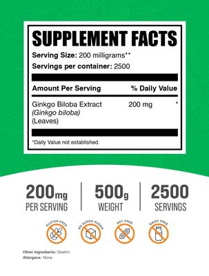 BulkSupplements.com Ginkgo Biloba Extract Powder - Ginkgo Biloba Supplements, Ginkgo Biloba Powder, from Ginkgo Biloba Leaf - Gluten Free, 200mg per Serving, 500g (1.1 lbs) (Pack of 1)