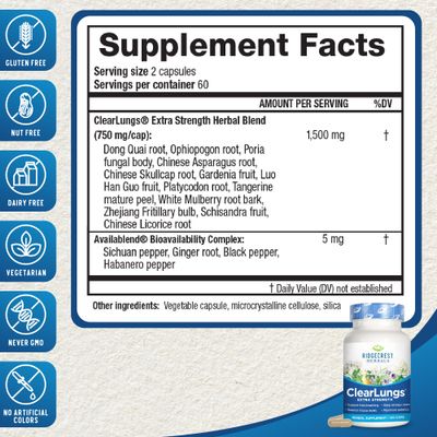 Ridgecrest Herbals ClearLungs Extra Strength, Natural Lung, Nasal Health Formula, Bronchial, Respiratory, Sinus, Mucus Support (120 Caps, 60 Serv)
