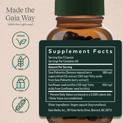 Gaia Herbs Saw Palmetto - Supports Healthy Prostate Function for Men - Contains Saw Palmetto and Sunflower Seed Lecithin to Support Mens Health - 60 Vegan Liquid Phyto-Capsules (30-Day Supply)