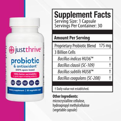 Just Thrive Probiotic &amp; Antioxidant Supplement - 100% Spore-Based Digestive and Immune Support - Gluten Free, 30 Caps