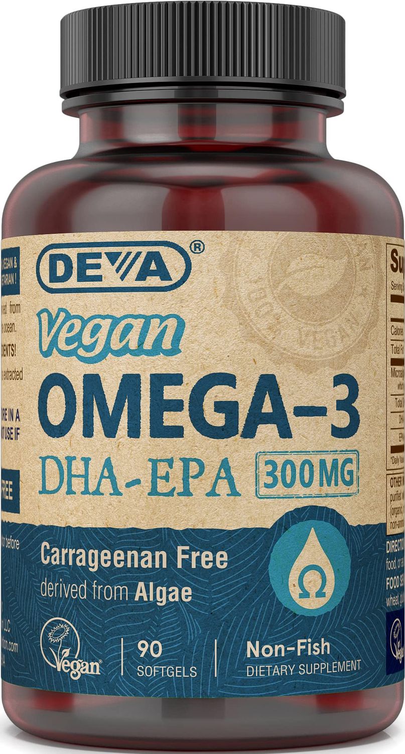 DEVA Vegan Omega-3 DHA EPA Supplement Once-Per-Day Softgel 300 MG - Carrageenan Gelatin &amp; Gluten Free - Non-Fish Algae Oil Fatty Acids - 90 Softgels