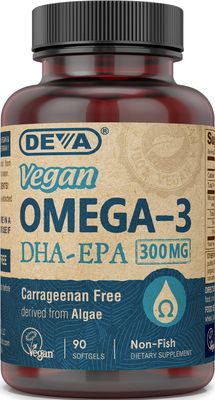 DEVA Vegan Omega-3 DHA EPA Supplement Once-Per-Day Softgel 300 MG - Carrageenan Gelatin &amp; Gluten Free - Non-Fish Algae Oil Fatty Acids - 90 Softgels