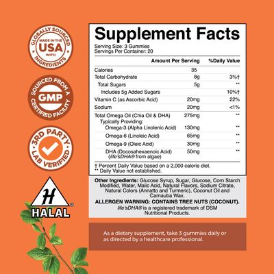 Vegetarian Omega 3 Gummies for Adults - Vegetarian Omega 3 6 9 DHA Gummies for Brain Bone and Heart Health and Joint Support - Burpless Halal Fish Free Plant Based Omega 3 Supplement for Men and Women