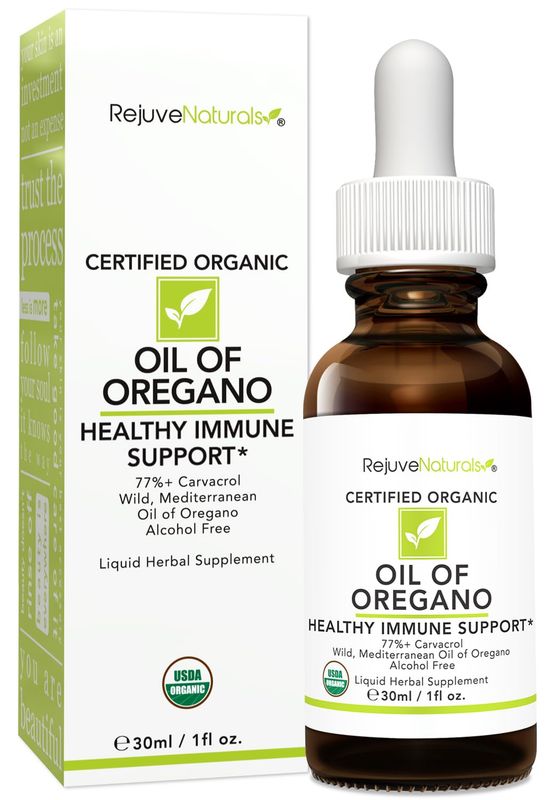RejuveNaturals Oil of Oregano, USDA Organic - 1 fl oz (30ml Liquid) Wild, Mediterranean Oregano Oil. Concentrated Immune Support Drops. Gluten Free, Vegan &amp; Non-GMO. Min 77% Carvacrol