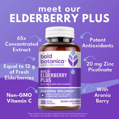 Bold Botanica Elderberry Plus - 65x Concentrated Black Elderberry Extract with Zinc &amp; Vitamin C for Daily Immune Support &amp; Seasonal Wellness - Non-GMO, 30 Vegan Capsules