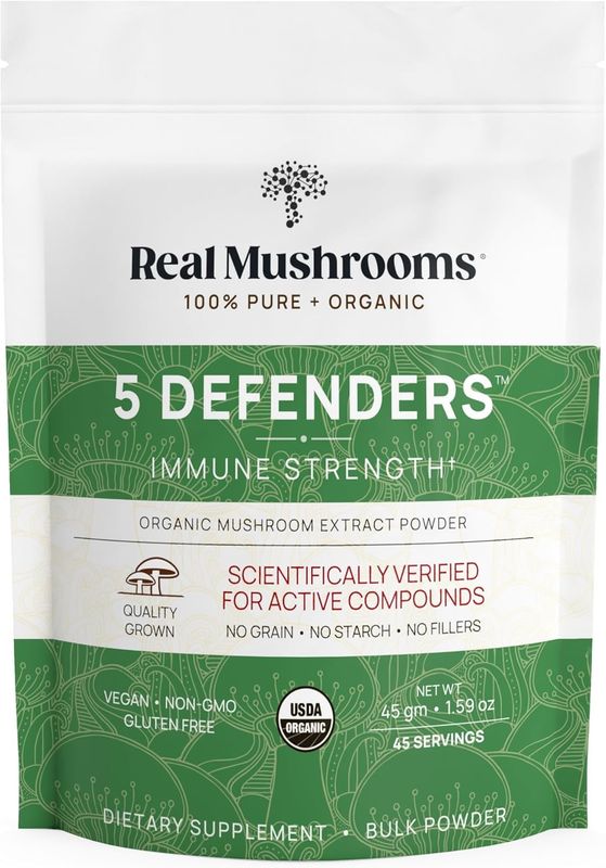 Real Mushrooms 5 Defenders Powder - Organic Mushroom Extract w/ Chaga, Shiitake, Maitake, Turkey Tail, &amp; Reishi - Mushroom Supplement - Vegan, Non-GMO, 45 Servings