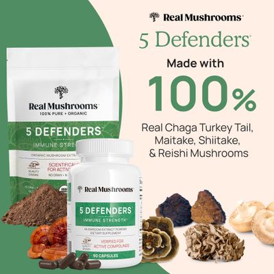 Real Mushrooms 5 Defenders Powder - Organic Mushroom Extract w/ Chaga, Shiitake, Maitake, Turkey Tail, & Reishi - Mushroom Supplement - Vegan, Non-GMO, 45 Servings