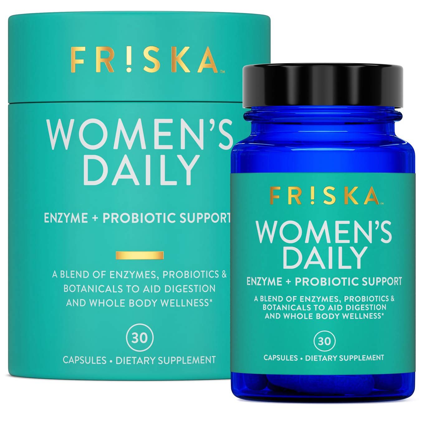FRISKA Womens Daily Digestive Enzyme and Probiotics Supplement, Advanced Natural Support for Female Digestive Health, Fights Bloating, Eases Digestion, Supports Nutrient Absorption, 30 Capsules