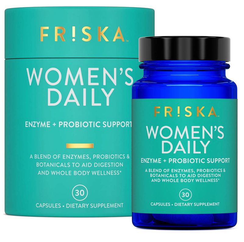 FRISKA Womens Daily Digestive Enzyme and Probiotics Supplement, Advanced Natural Support for Female Digestive Health, Fights Bloating, Eases Digestion, Supports Nutrient Absorption, 30 Capsules