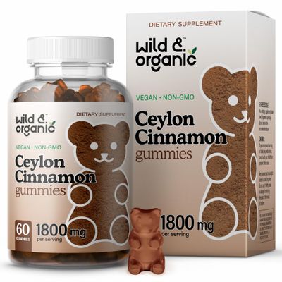 Wild &amp; Organic Ceylon Cinnamon Gummies 1800mg - Antioxidants Supplement w/Ceylon Cinnamon - Vegan Joint Health Gummies - Non-GMO Joint Support Supplement w/Ginger Cinnamon Turmeric - 60 Chews