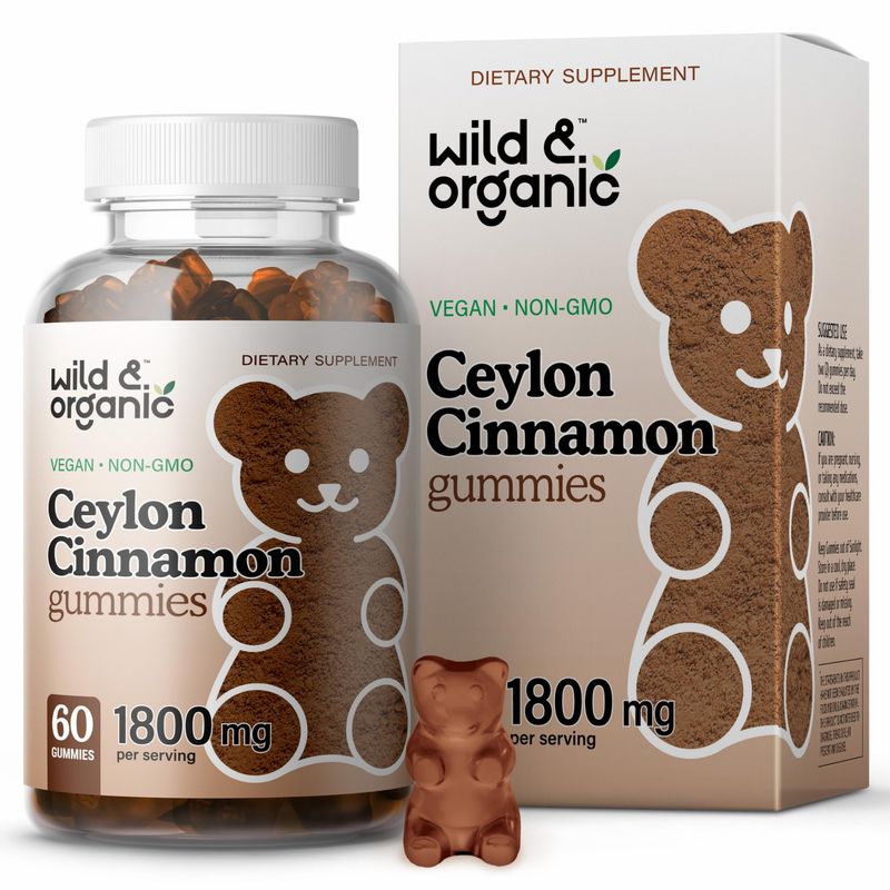 Wild &amp; Organic Ceylon Cinnamon Gummies 1800mg - Antioxidants Supplement w/Ceylon Cinnamon - Vegan Joint Health Gummies - Non-GMO Joint Support Supplement w/Ginger Cinnamon Turmeric - 60 Chews