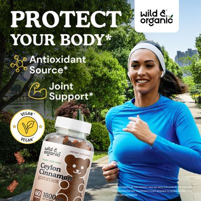 Wild &amp; Organic Ceylon Cinnamon Gummies 1800mg - Antioxidants Supplement w/Ceylon Cinnamon - Vegan Joint Health Gummies - Non-GMO Joint Support Supplement w/Ginger Cinnamon Turmeric - 60 Chews