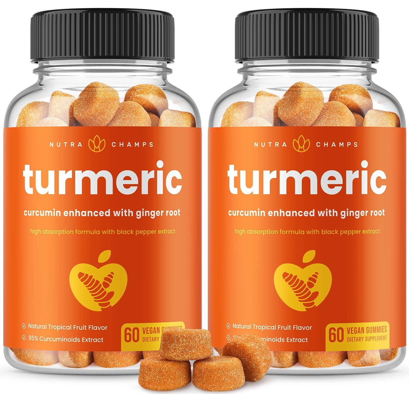 Turmeric Gummies for Adults &amp; Kids with Ginger &amp; Black Pepper Extract | 95% Curcuminoids | Vegan Natural Curcumin Joint Support | 120 Tumeric Gummy Supplements (2-Pack of 60)