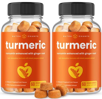 Turmeric Gummies for Adults &amp; Kids with Ginger &amp; Black Pepper Extract | 95% Curcuminoids | Vegan Natural Curcumin Joint Support | 120 Tumeric Gummy Supplements (2-Pack of 60)