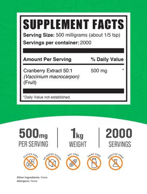 BulkSupplements.com Cranberry Extract Powder - Cranberry Supplements for Women & Men, Cranberry Extract 500mg - Vegan & Gluten Free, 500mg per Serving, 1kg (2.2 lbs) (Pack of 1)