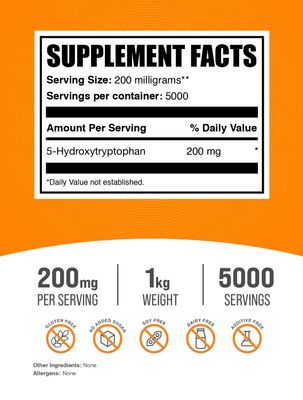 BulkSupplements.com 5-HTP Powder - 5-Hydroxytryptophan, 5 HTP Supplement - 5-HTP 200mg, Mood Support Supplement - Gluten Free, 200mg per Serving, 1kg (2.2 lbs) (Pack of 1)