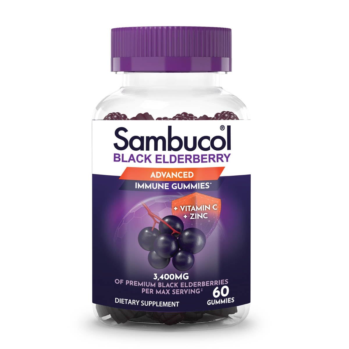 Sambucol Black Elderberry Gummies - Elderberry with Zinc and Vitamin C for Adults, Sambucus Elderberry Gummies, Immune Support Gummies - 60 Count
