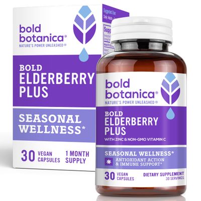 Bold Botanica Elderberry Plus - 65x Concentrated Black Elderberry Extract with Zinc &amp; Vitamin C for Daily Immune Support &amp; Seasonal Wellness - Non-GMO, 30 Vegan Capsules