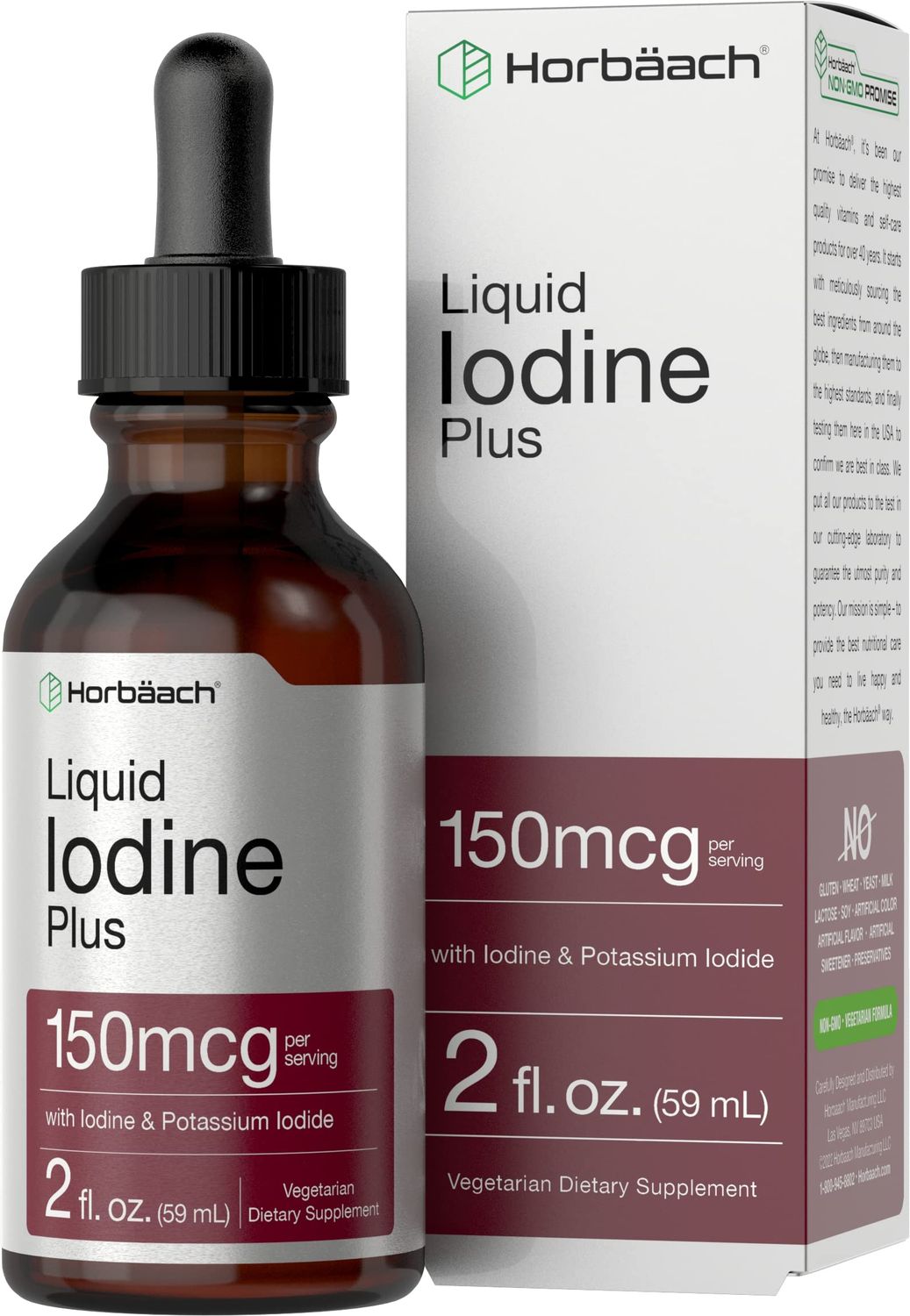 Horbach Liquid Iodine Drops | 2 fl oz | 150 mcg | Iodine &amp; Potassium Iodide Liquid Tincture | Vegetarian, Non-GMO, Gluten Free Supplement