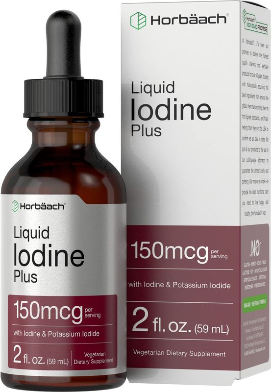 Horbach Liquid Iodine Drops | 2 fl oz | 150 mcg | Iodine &amp; Potassium Iodide Liquid Tincture | Vegetarian, Non-GMO, Gluten Free Supplement
