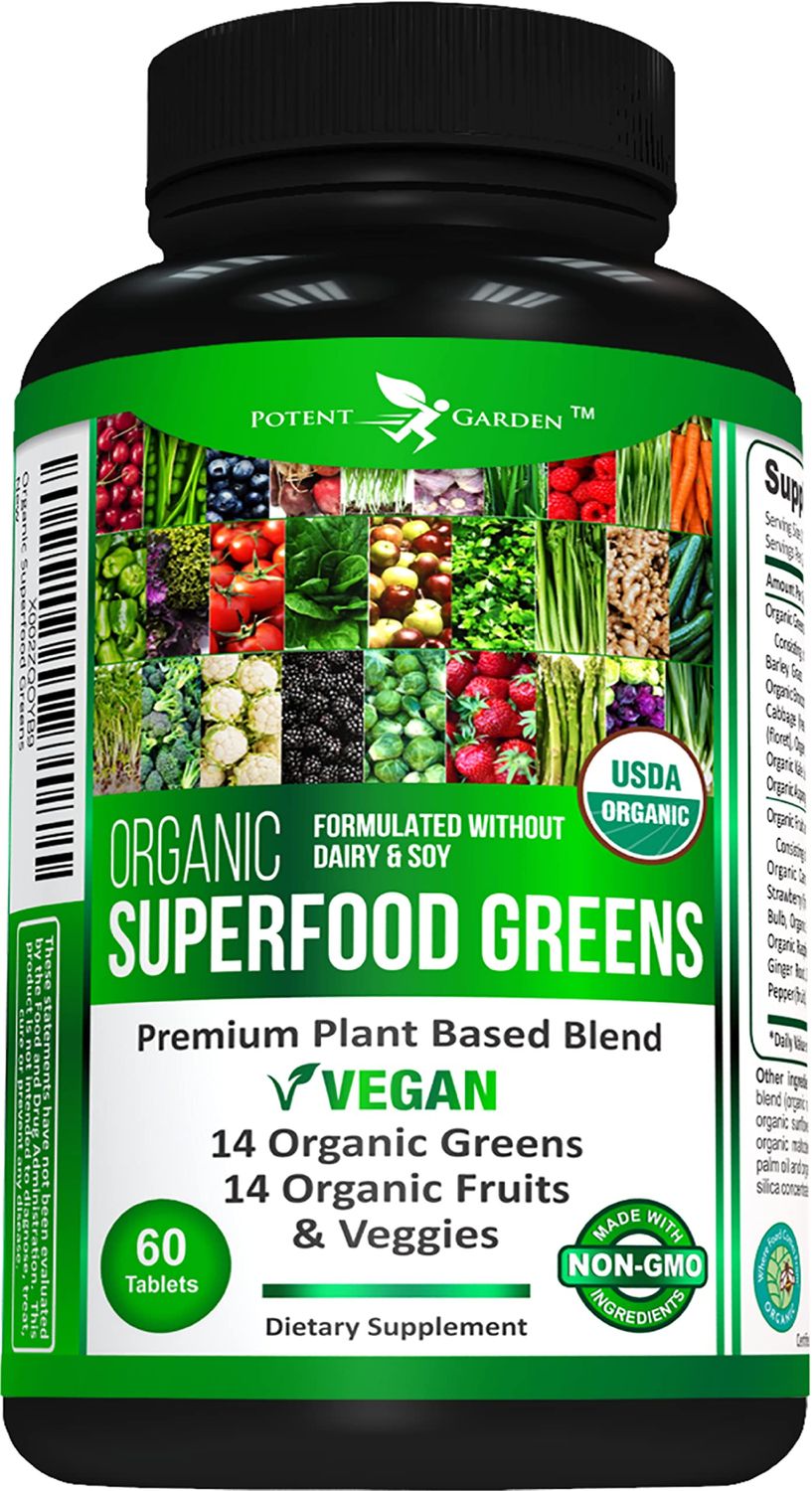 Potent Garden Organic Superfood Greens, Fruit and Veggies Supplement Rich in Vitamins &amp; Antioxidants with Alfalfa, Beet Root &amp; Tart Cherry to Boost Energy, Immunity &amp; Gut Health, Greens Tablets 60 Ct
